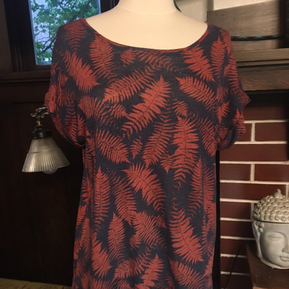 Vintage POETRY Linen muted blue/red fern print shirt, UK Size 12, US Size 8